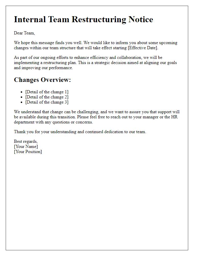 Letter template of internal team restructuring notice