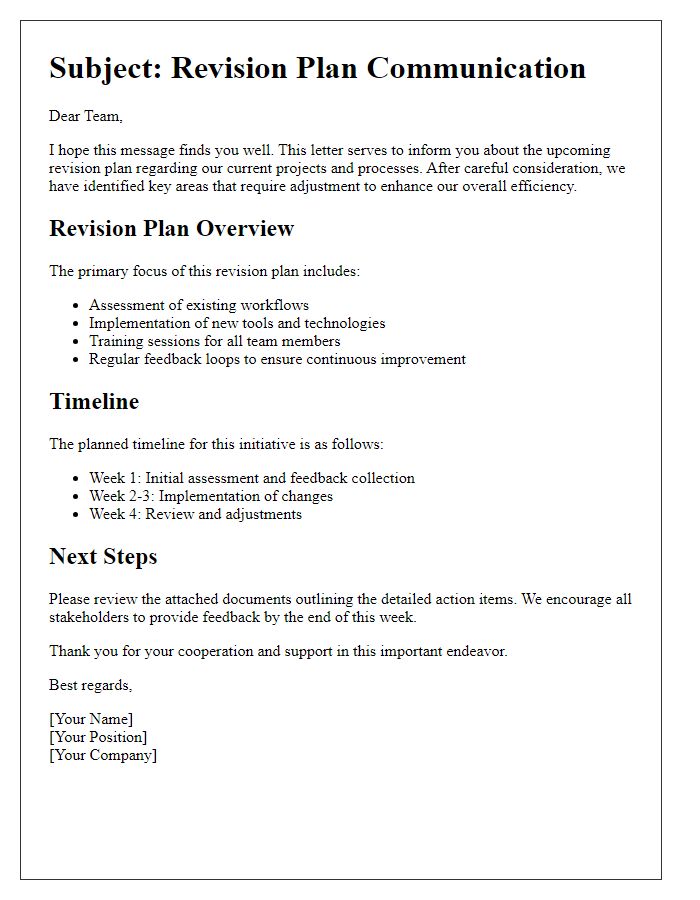 Letter template of revision plan communication for internal stakeholders