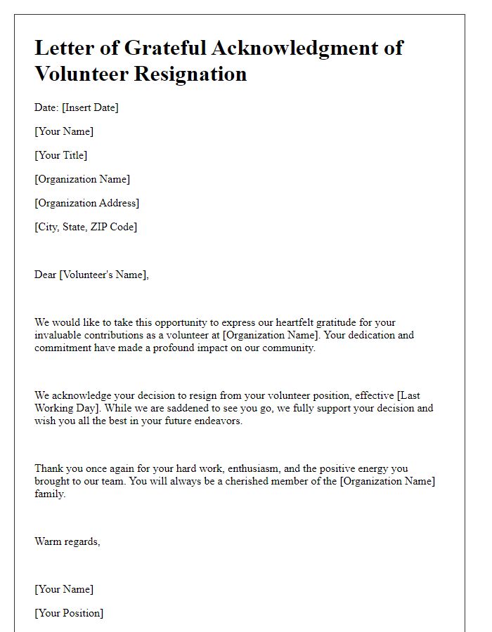 Letter template of Grateful Acknowledgment of Volunteer Resignation