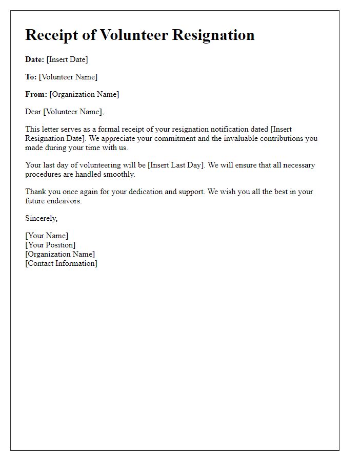 Letter template of Receipt for Volunteer Resignation Notification