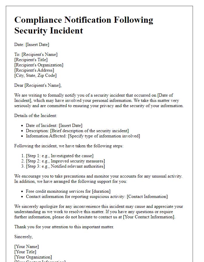 Letter template of compliance notification after a security incident