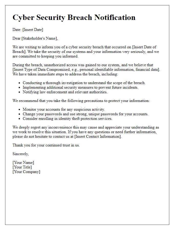 Letter template of cyber security breach notification to stakeholders