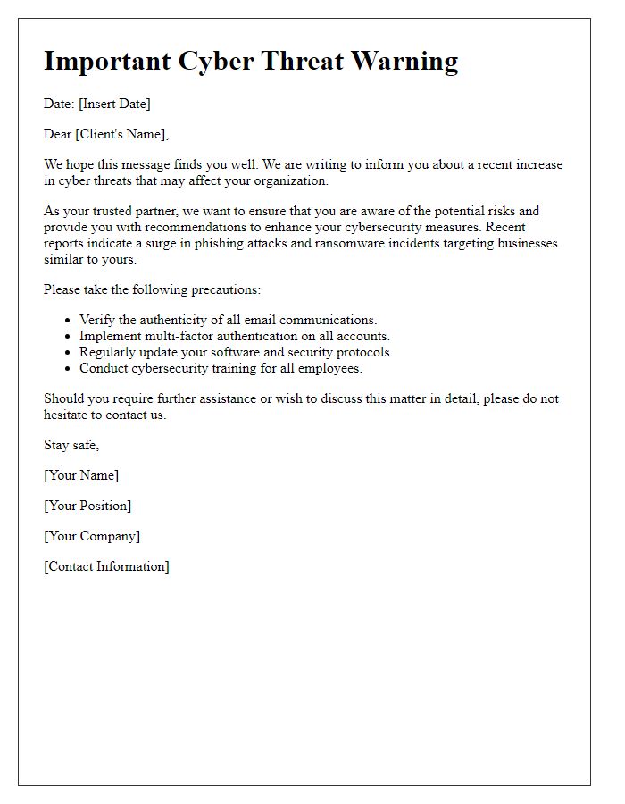 Letter template of cyber threat warning for clients