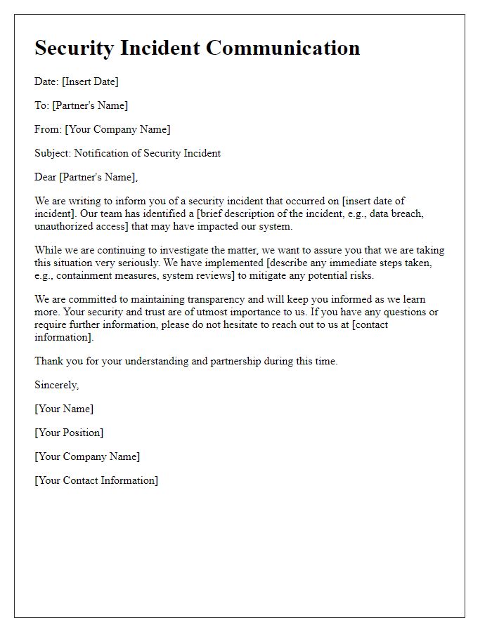 Letter template of security incident communication to partners