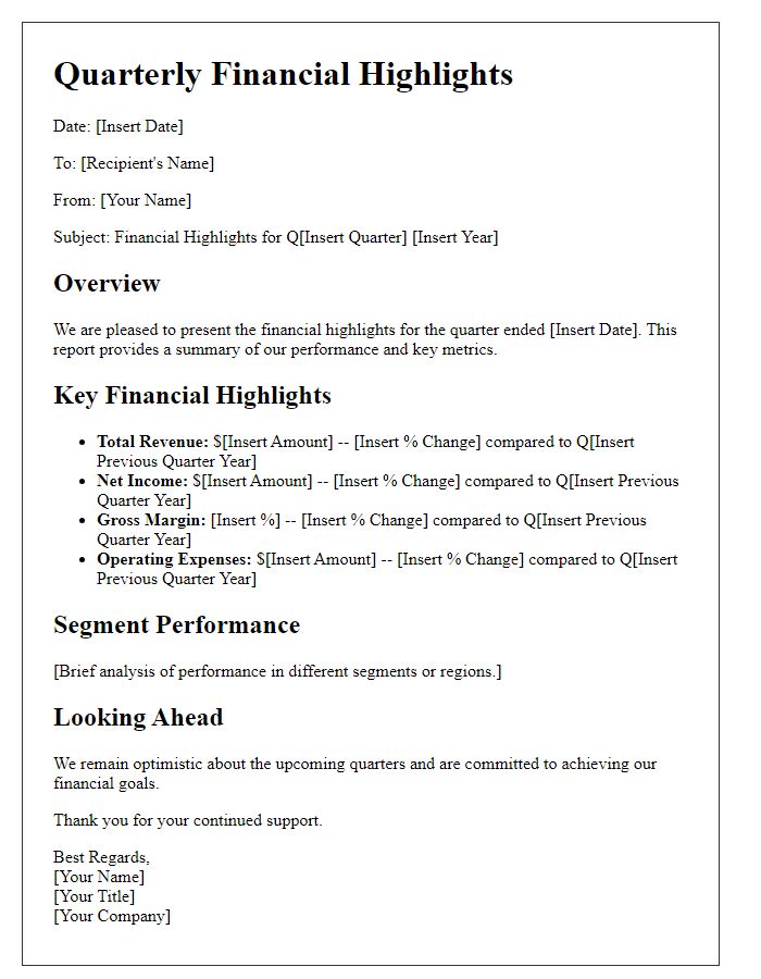 Letter template of financial highlights for the quarter