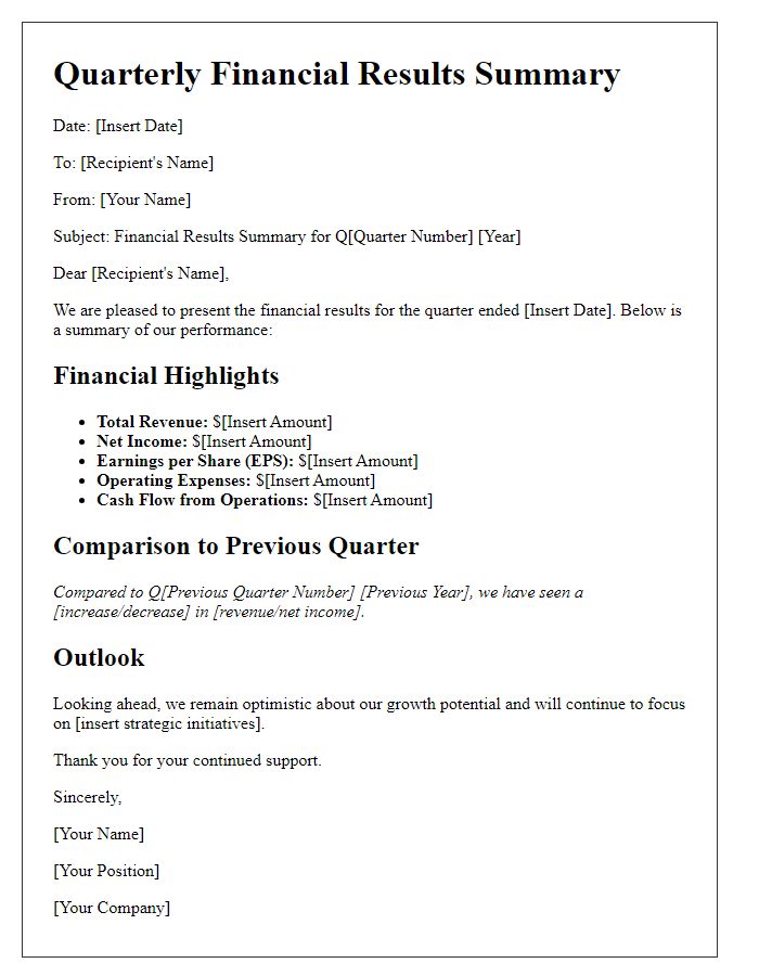 Letter template of financial results summary for the quarter