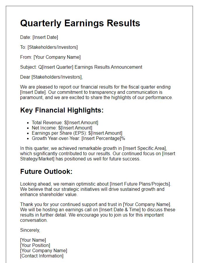 Letter template of quarterly earnings results communication