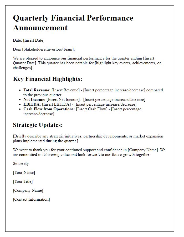 Letter template of quarterly financial performance announcement