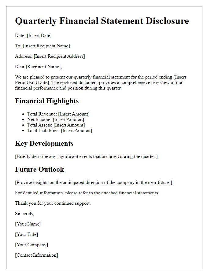 Letter template of quarterly financial statement disclosure