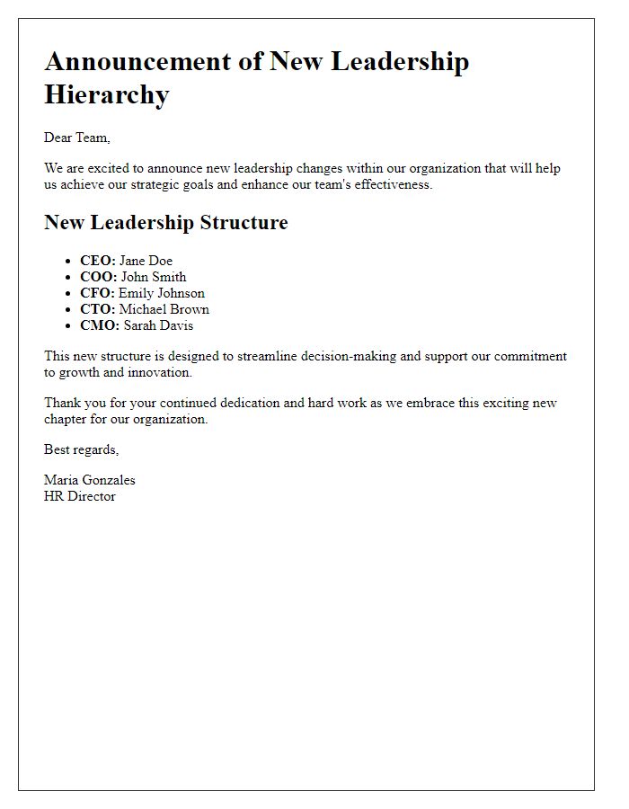 Letter template of informing about our new leadership hierarchy.