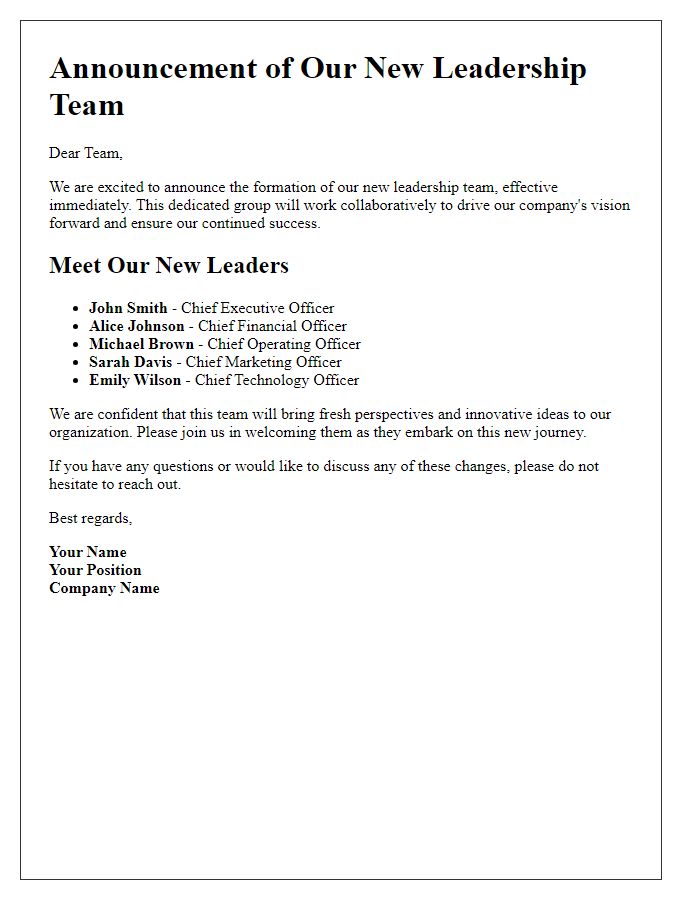 Letter template of revealing the new team of leaders.