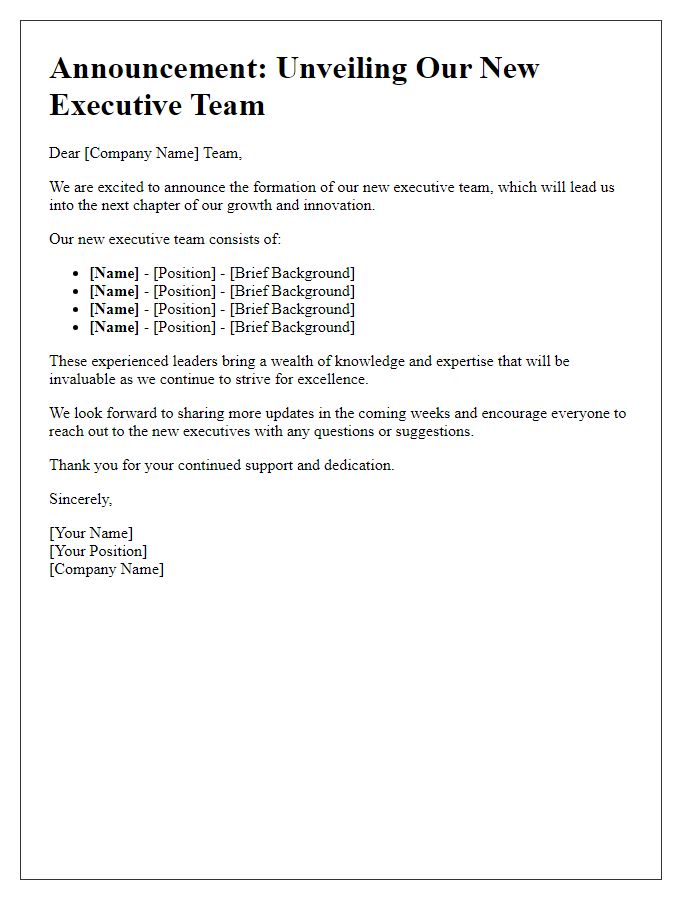 Letter template of unveiling the new executive team.