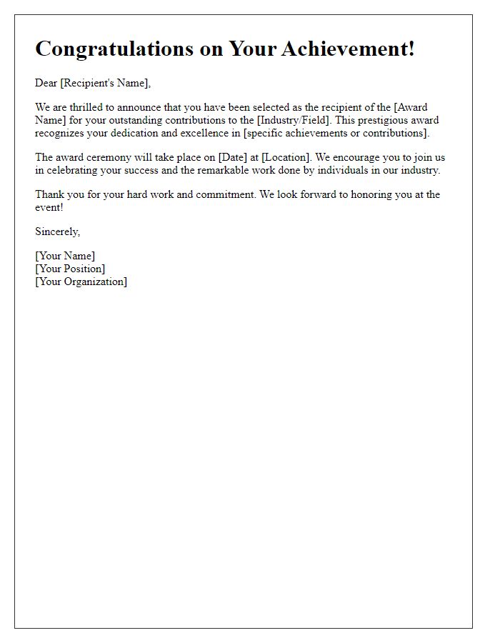 Letter template of industry award recognition announcement