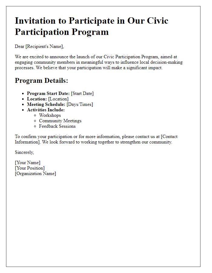 Letter template of civic participation program details