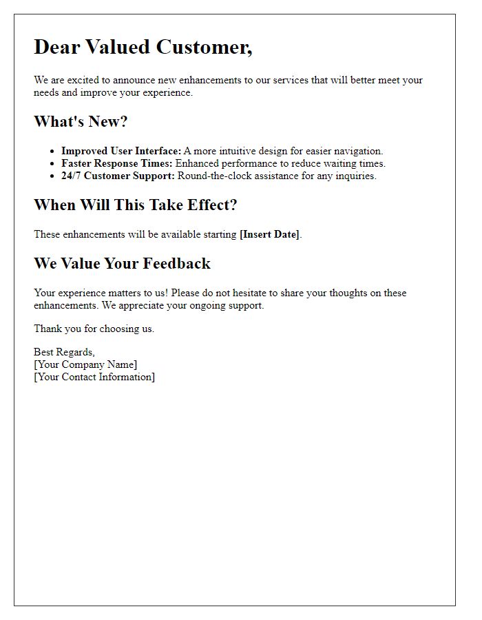 Letter template of new service enhancements alert