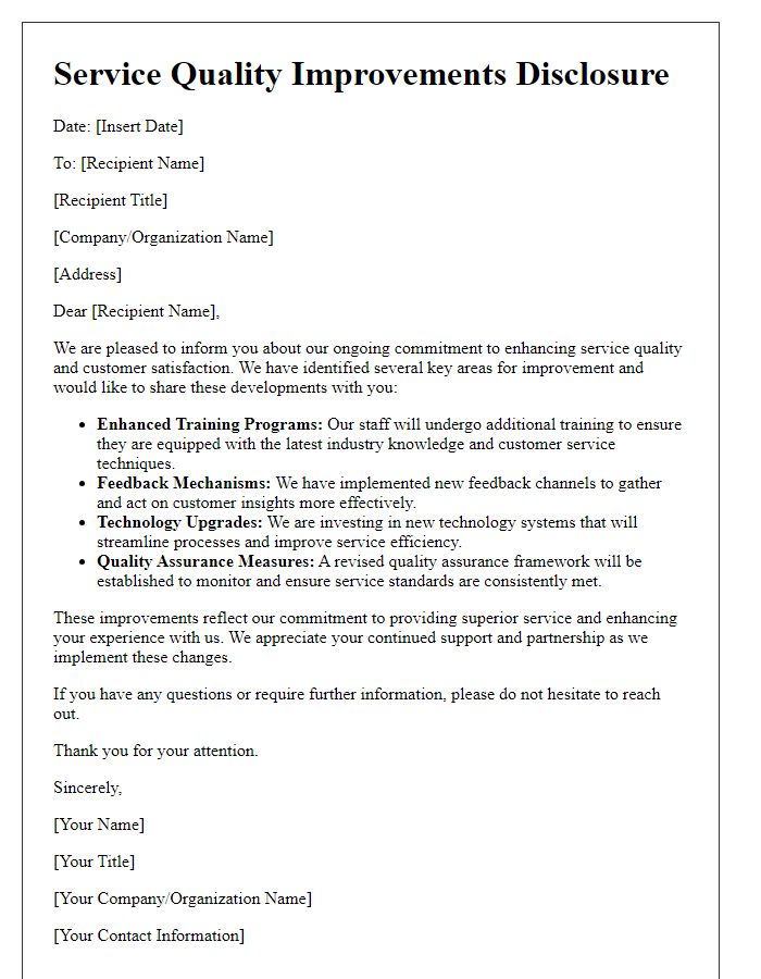 Letter template of service quality improvements disclosure