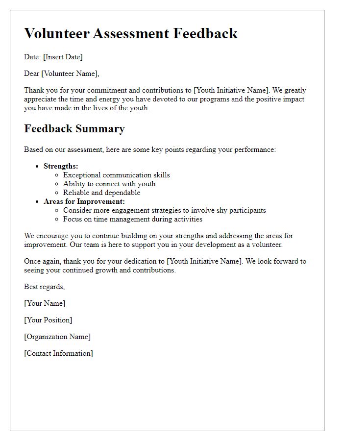 Letter template of volunteer assessment feedback for youth initiatives.