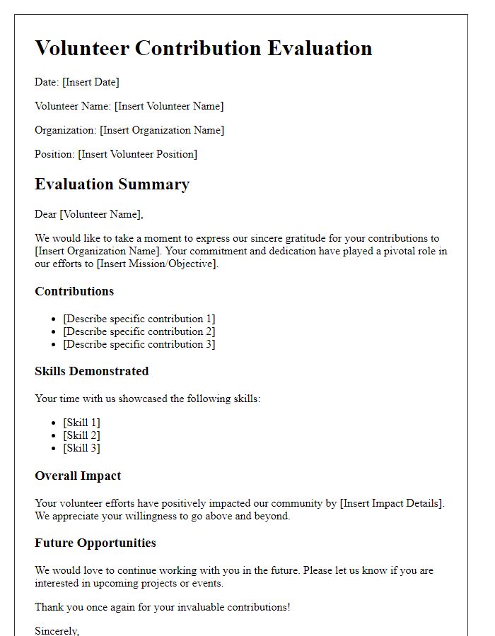 Letter template of volunteer contribution evaluation for non-profit organizations.