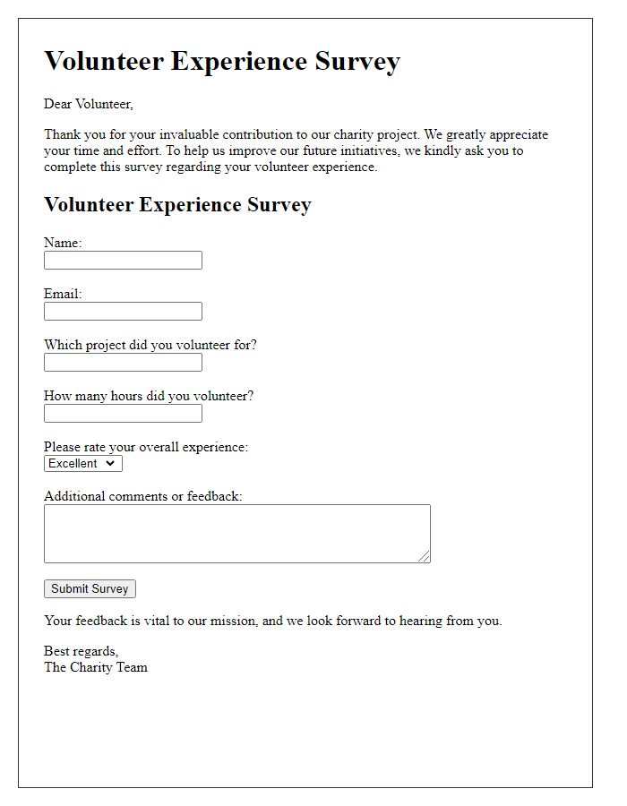 Letter template of volunteer experience survey for charity projects.