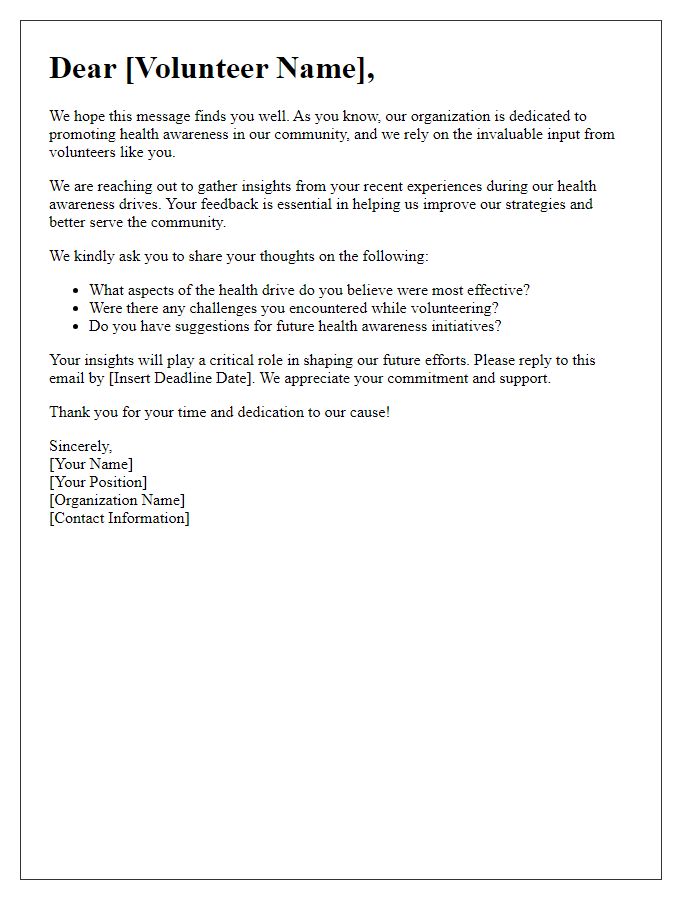 Letter template of volunteer insights solicitation for health awareness drives.