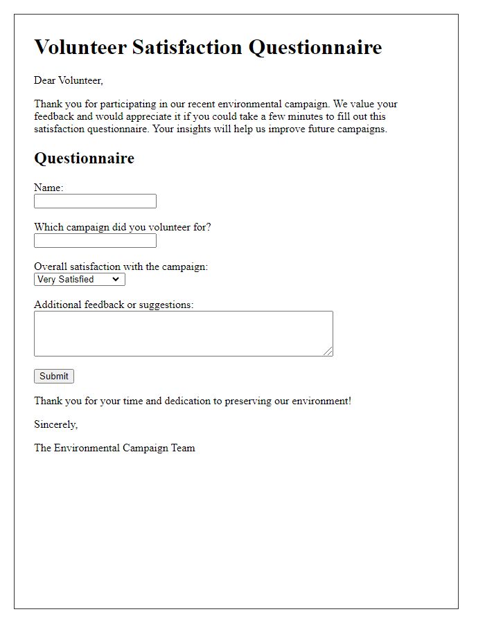 Letter template of volunteer satisfaction questionnaire for environmental campaigns.