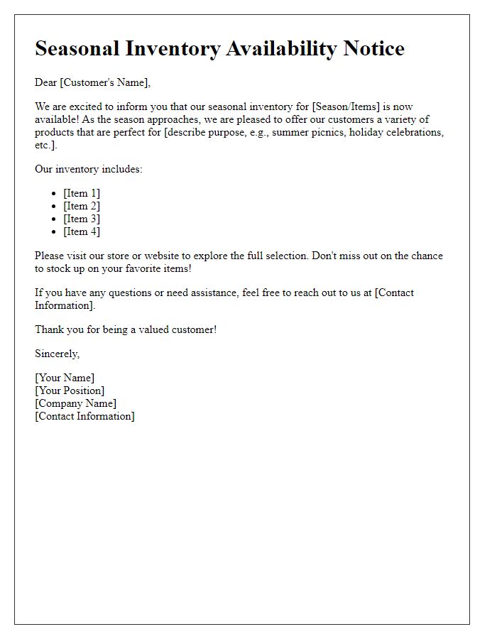 Letter template of seasonal inventory availability notice