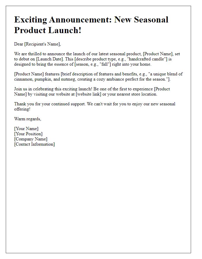 Letter template of seasonal product launch announcement