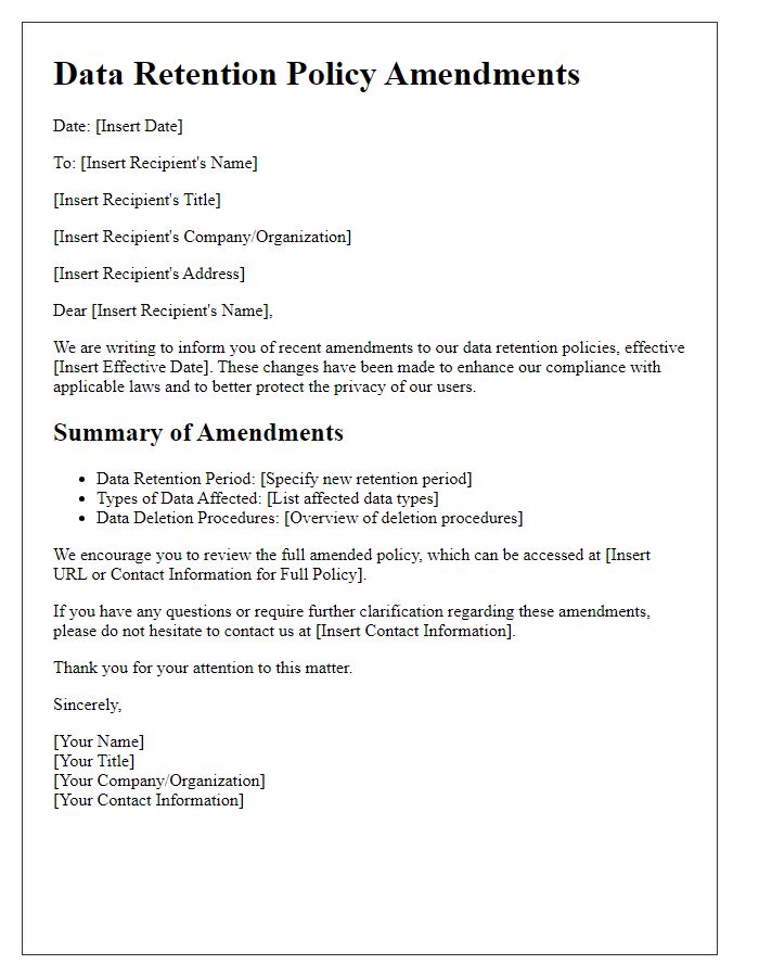 Letter template of amendments to data retention policies