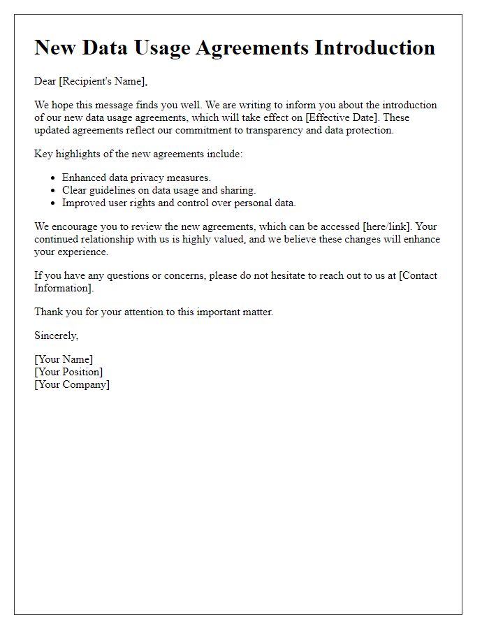 Letter template of new data usage agreements introduction