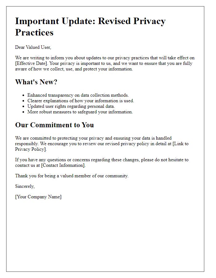 Letter template of revised privacy practices for our users