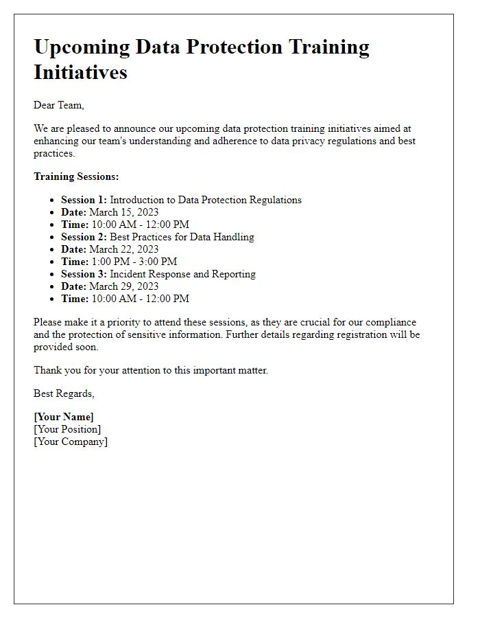 Letter template of upcoming data protection training initiatives