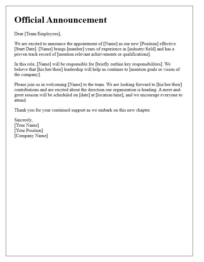 Letter template of announcement for newly appointed executive leader