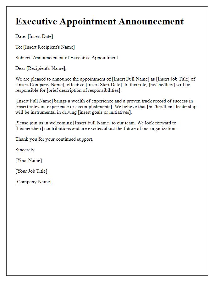 Letter template of communication regarding executive appointment