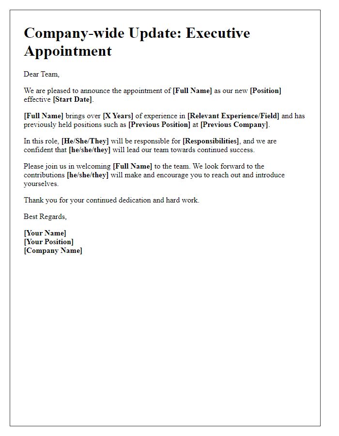 Letter template of executive appointment update for company-wide distribution