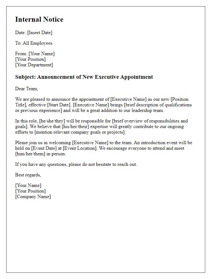 Letter template of internal notice for new executive appointment