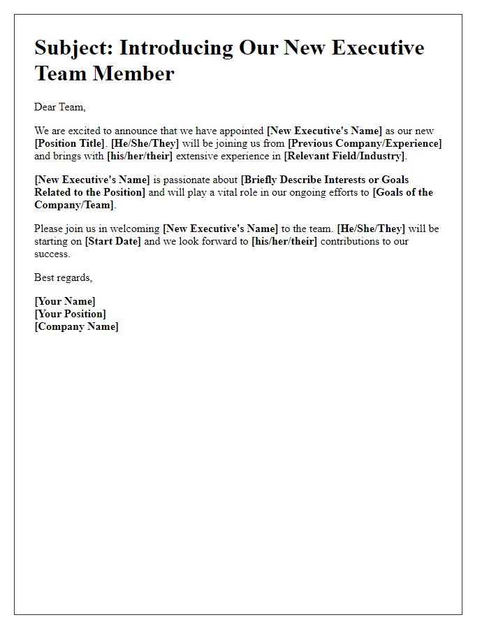 Letter template of introduction of newly appointed executive team member