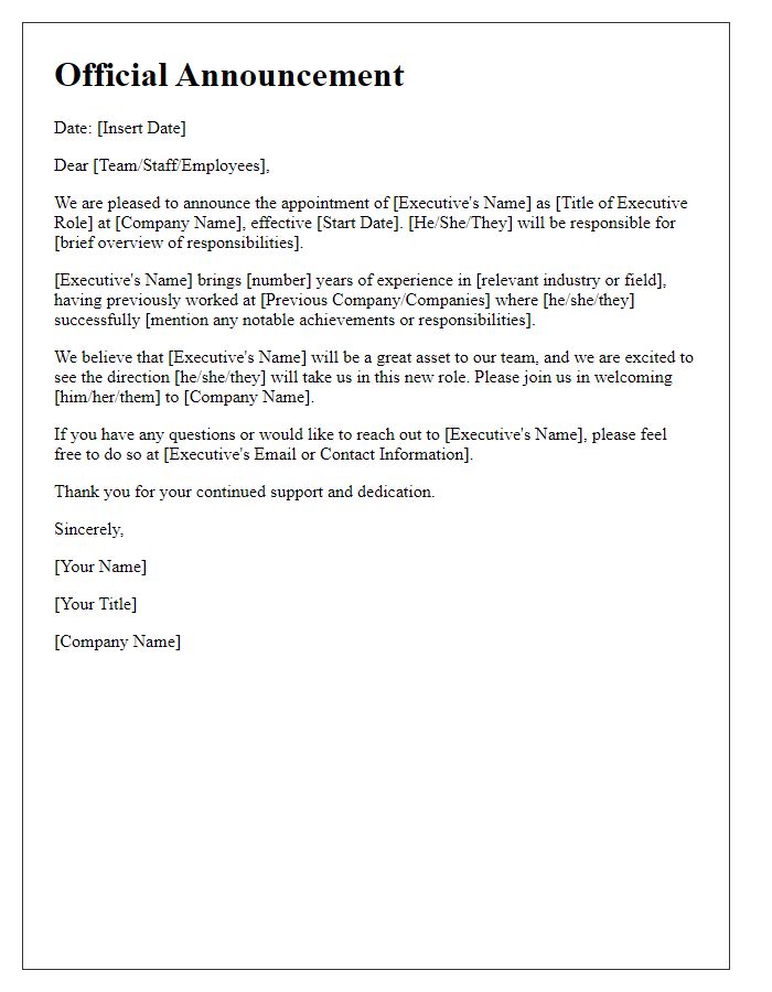 Letter template of official announcement for executive role hiring