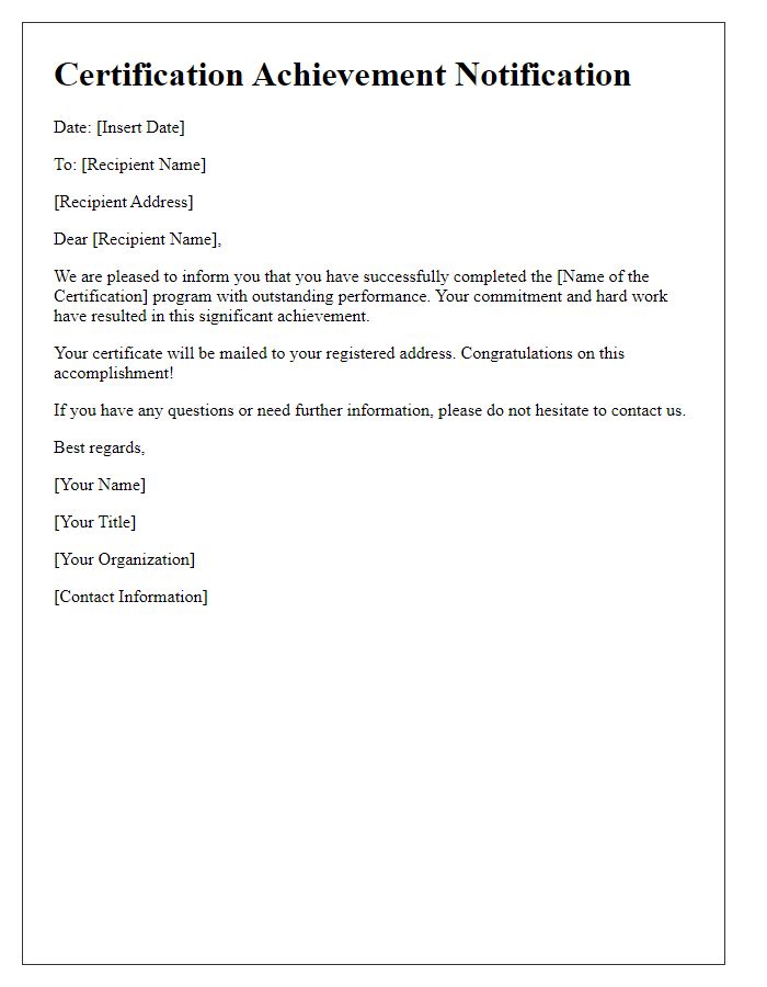 Letter template of certification achievement notification.