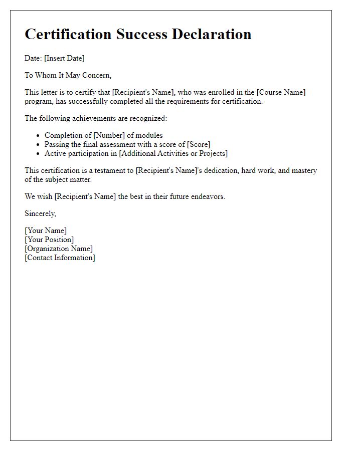 Letter template of certification success declaration.