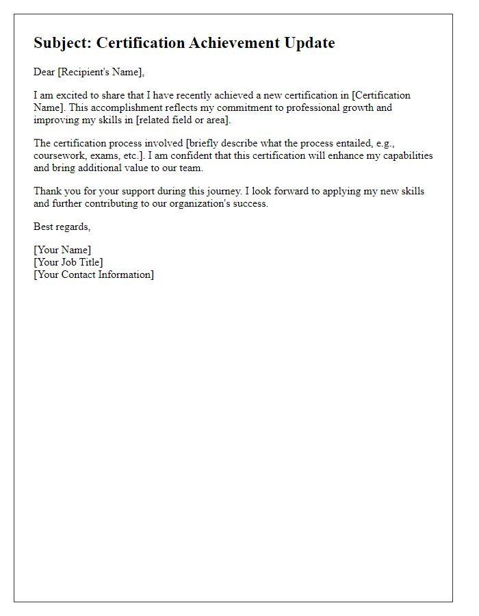 Letter template of new certification achievement update.