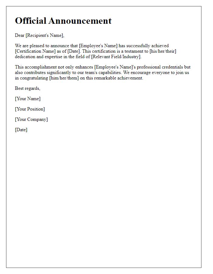 Letter template of professional certification accomplishment announcement.