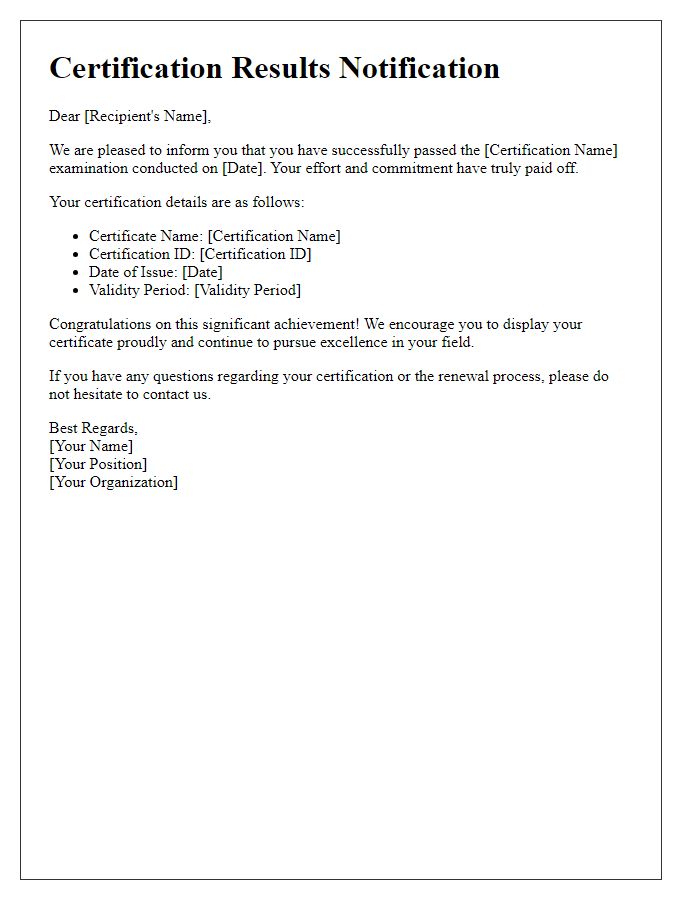 Letter template of successful certification results communication.