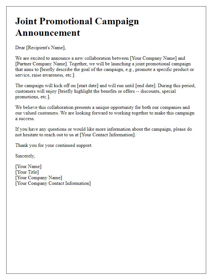 Letter template of Joint Promotional Campaign Announcement