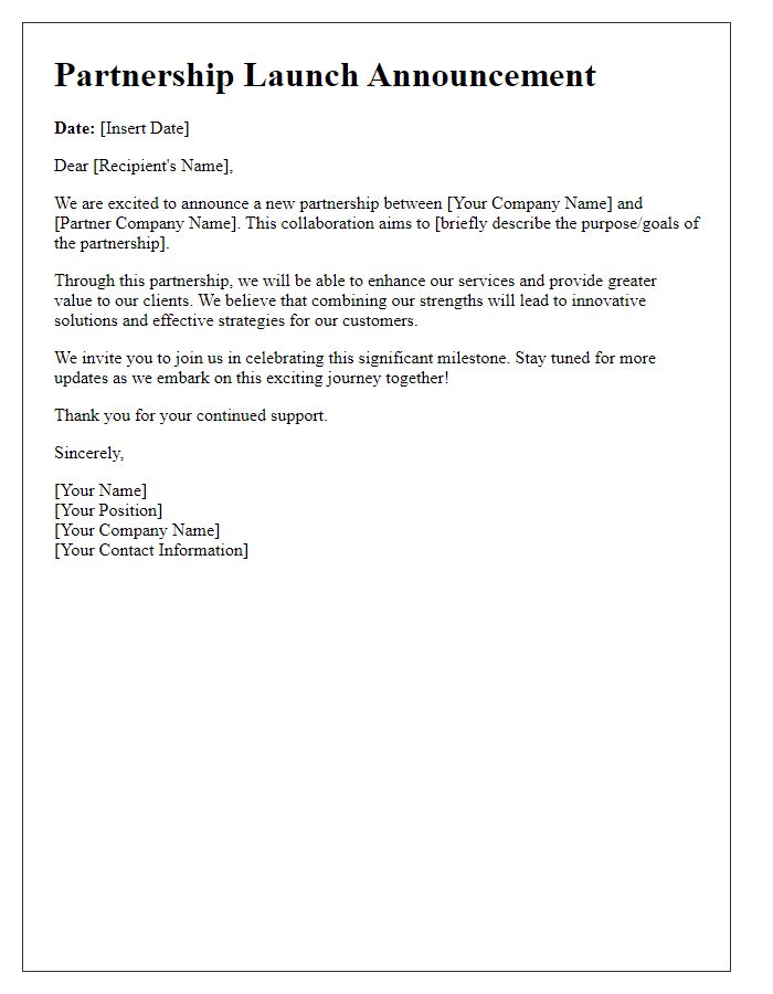 Letter template of Partnership Launch Announcement