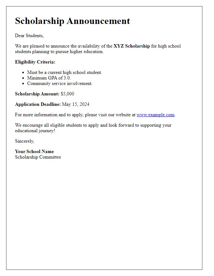 Letter template of scholarship announcement for high school students