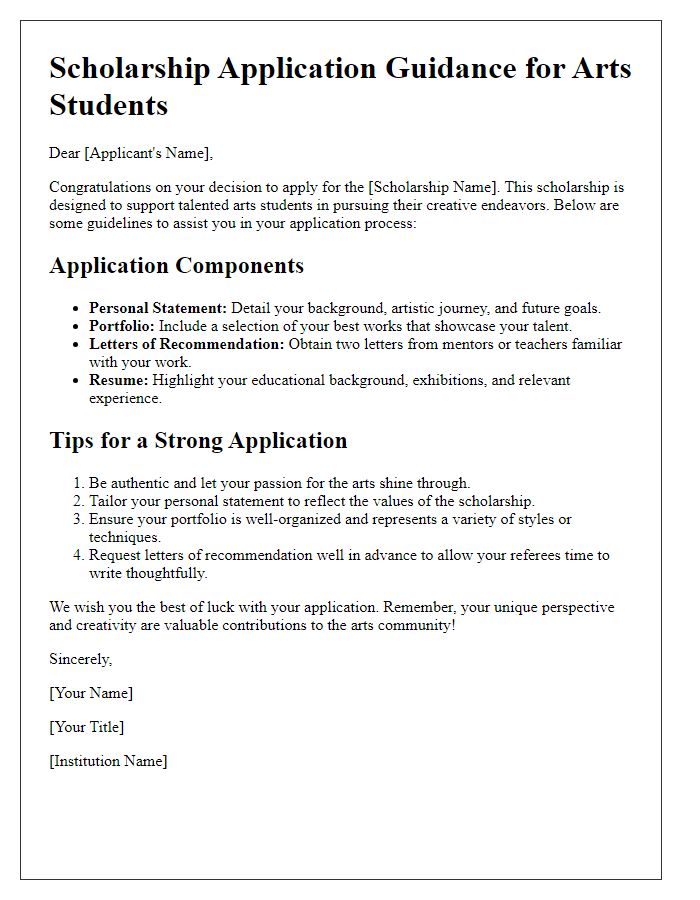 Letter template of scholarship application guidance for arts students