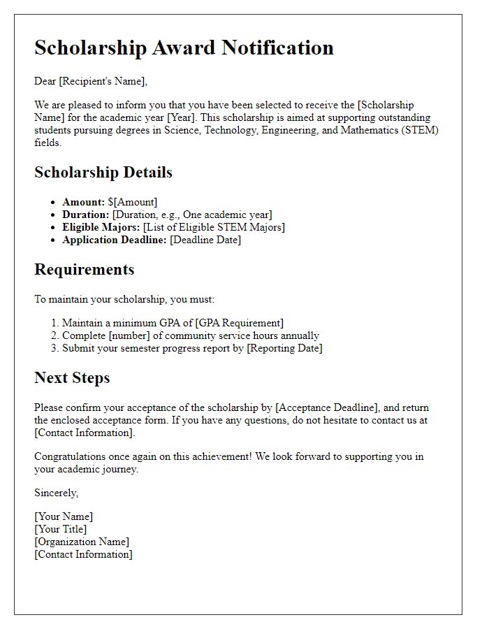 Letter template of scholarship details for STEM majors