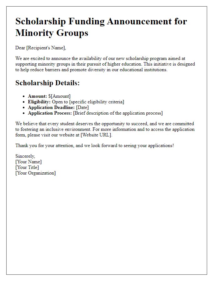 Letter template of scholarship funding announcement for minority groups