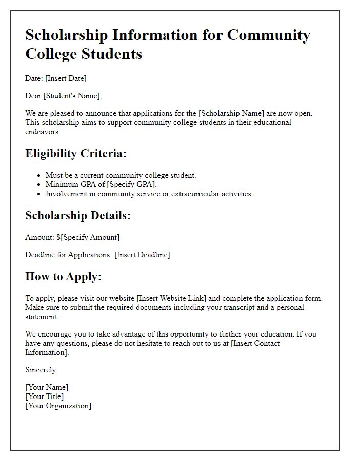 Letter template of scholarship information for community college students