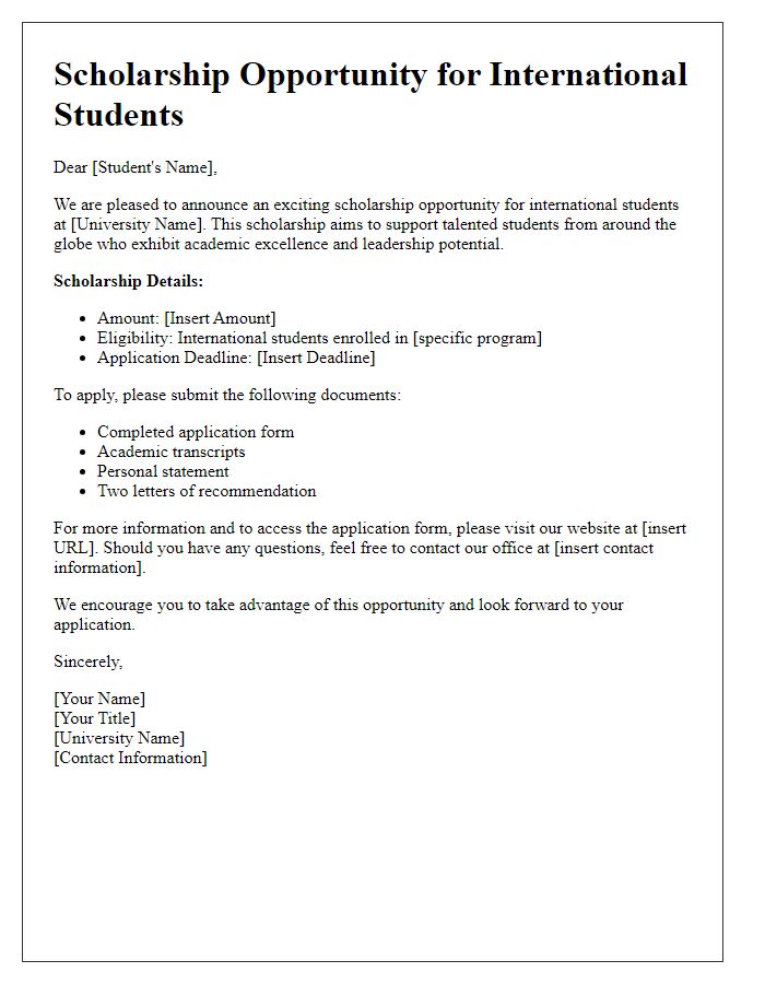 Letter template of scholarship opportunity for international students